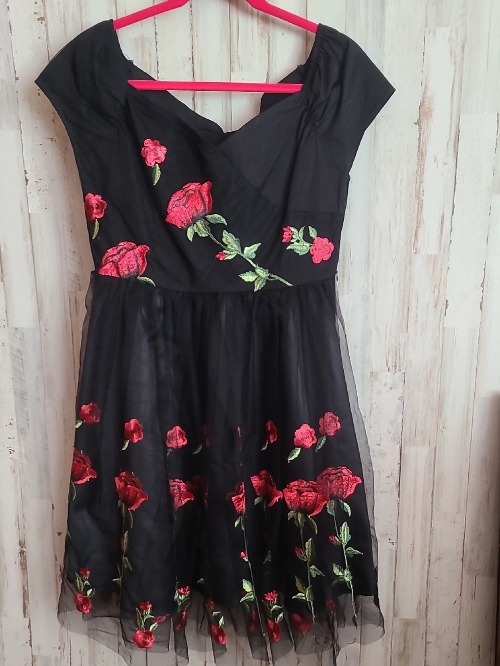 Black Midi Dress with Red Rose Embroidery